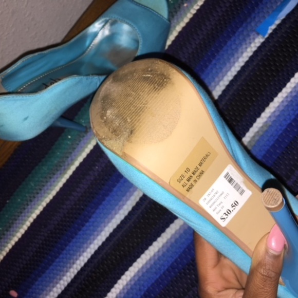 Size 10 Turquoise Satin Stiletto Platform Peep Toe - Picture 2 of 2
